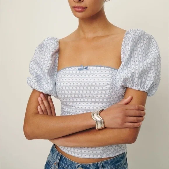 Blue and White Puff Sleeve Top - Picture 1 of 3